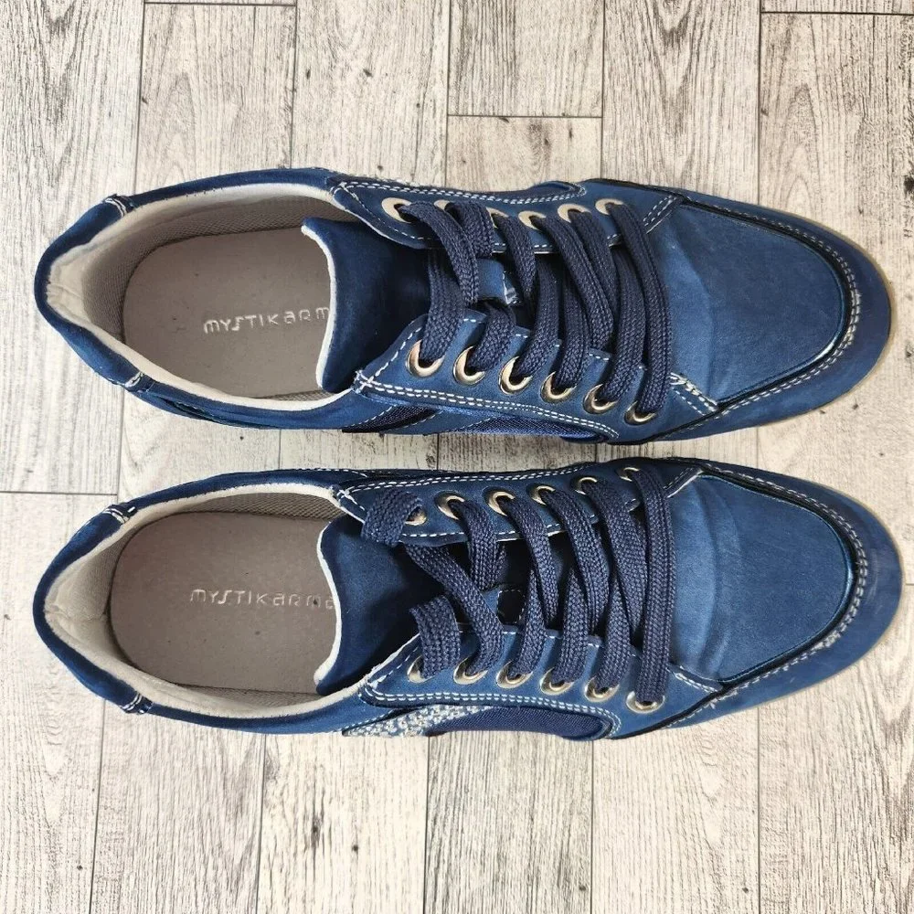 MYSTIKARMA Womens Casual Shoes Size 5-5.5 (36) Blue Leather/Canvas w/Rhinestones